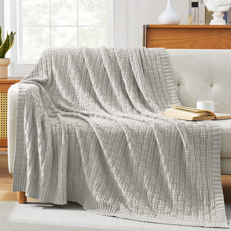 TREELY 100% Cotton Knitted Throw Blanket Couch Cover Blanket(50 x 60 Inches, Light Grey) - Image 2